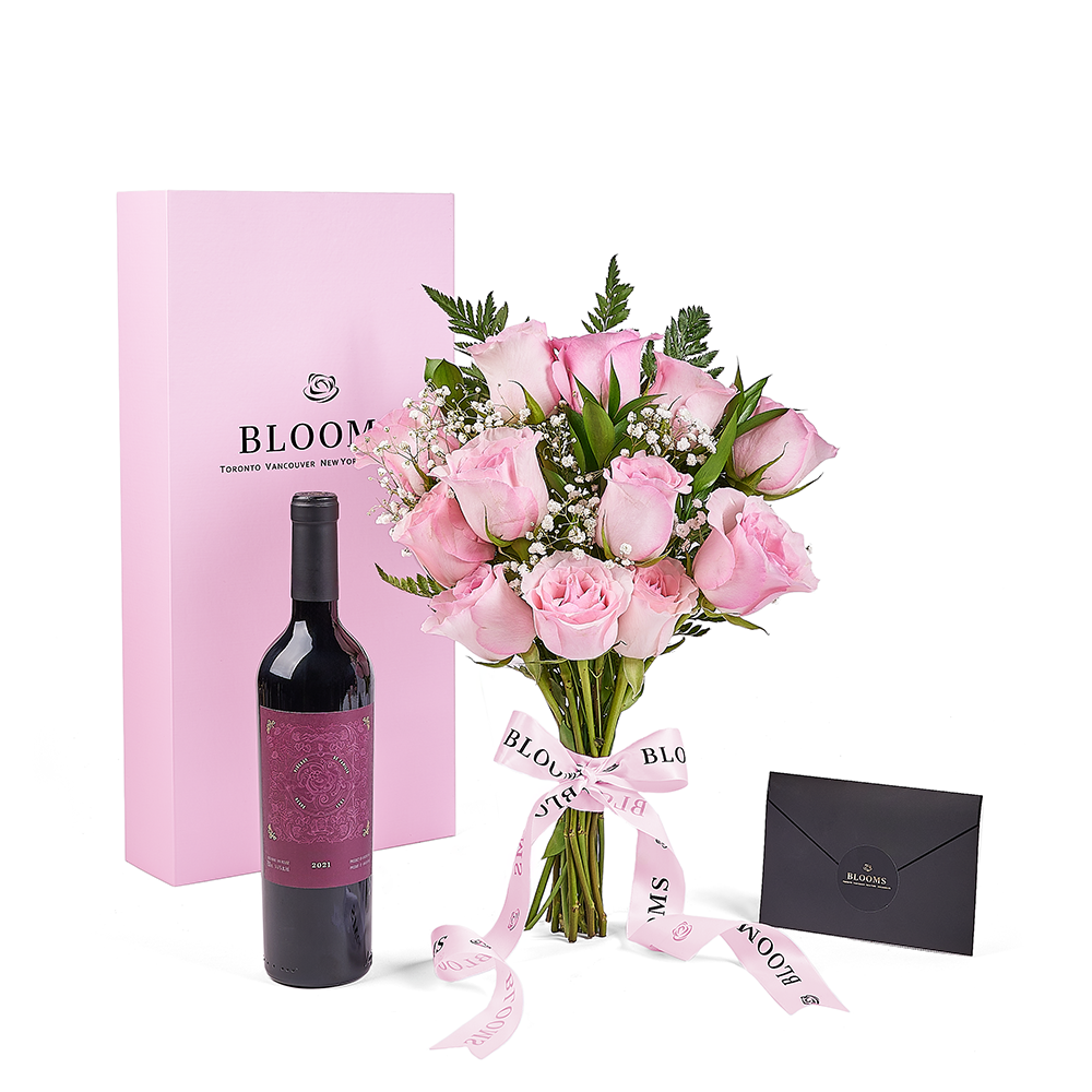 Mother's Day 12 Stem Pink Rose Bouquet with Box &amp; Wine, rose gift, rose, mothers day gift, mothers day, wine gift, wine, Connecticut delivery
