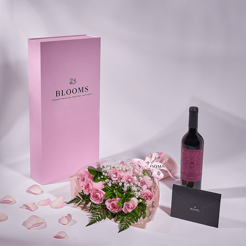 Mother's Day 12 Stem Pink Rose Bouquet with Box &amp; Wine, rose gift, rose, mothers day gift, mothers day, wine gift, wine, Connecticut delivery