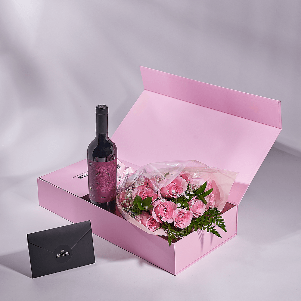 Mother's Day 12 Stem Pink Rose Bouquet with Box &amp; Wine, rose gift, rose, mothers day gift, mothers day, wine gift, wine, Connecticut delivery