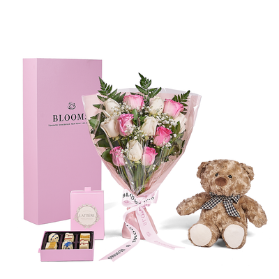 Mother’s Day 12 Stem Pink & White Rose Bouquet with Box, Bear, & Chocolate, mothers day gift, mothers day, plush gift, plush, rose gift, rose, Connecticut delivery