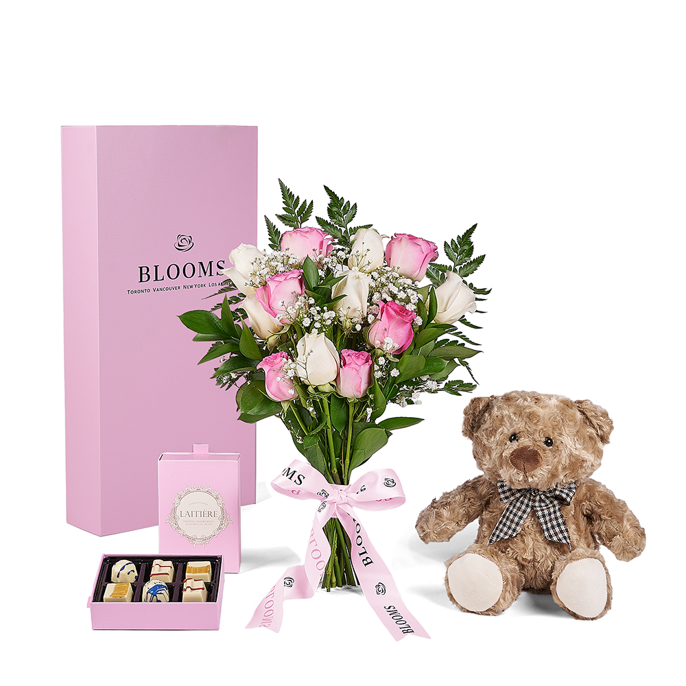 Mother's Day 12 Stem Pink & White Rose Bouquet with Box, Bear, & Chocolate, mothers day gift, mothers day, plush gift, plush, rose gift, rose, Connecticut delivery