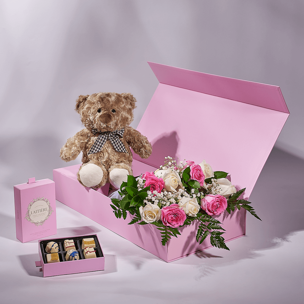 Mother's Day 12 Stem Pink & White Rose Bouquet with Box, Bear, & Chocolate, mothers day gift, mothers day, plush gift, plush, rose gift, rose, Connecticut delivery