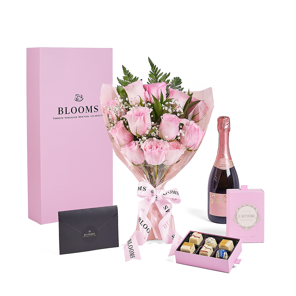 Mother's Day Dozen Pink Rose Bouquet with Box, Champagne, &amp; Chocolate, champagne gift, champagne, sparkling wine gift, sparkling wine, mothers day gift, mothers day, Connecticut delivery
