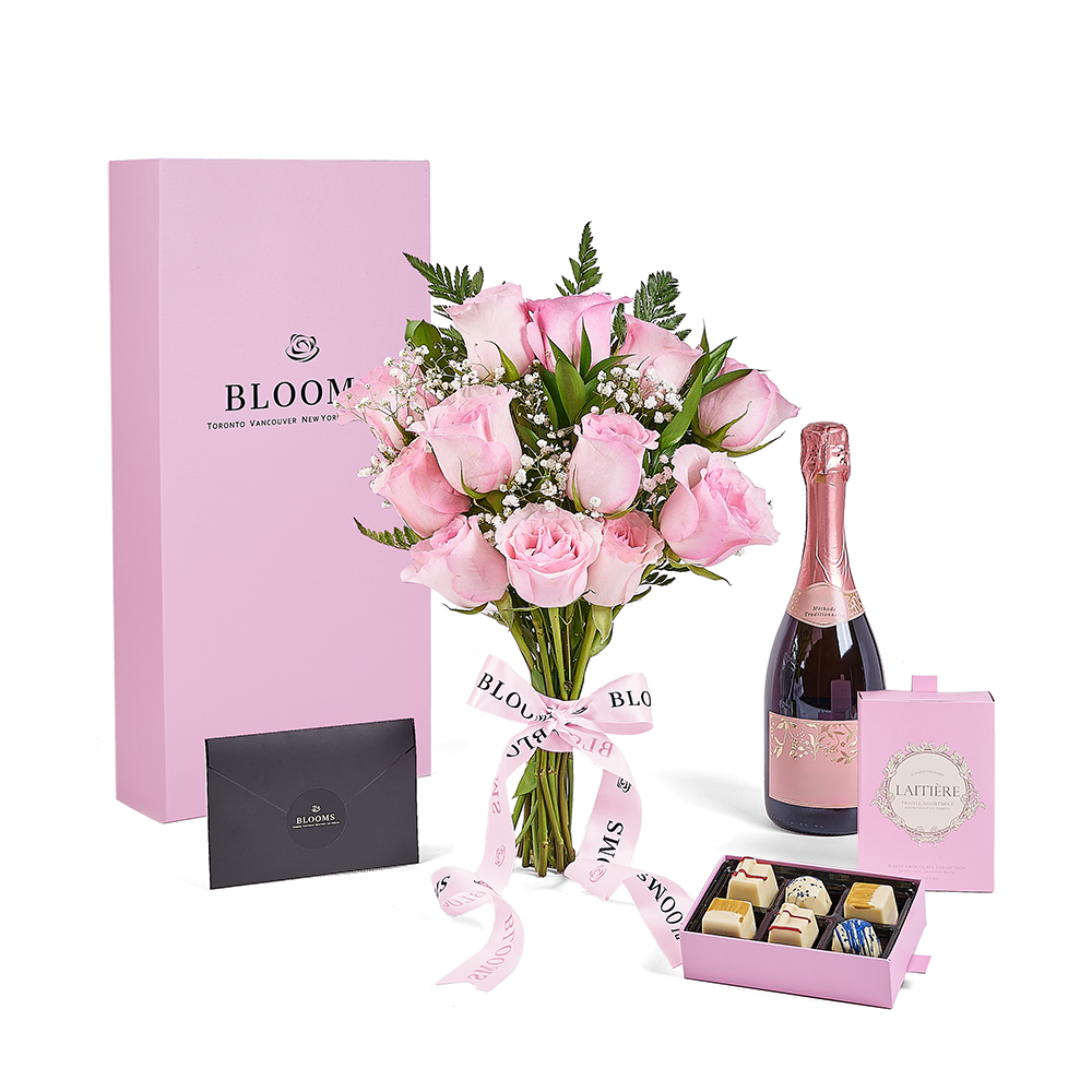 Mother's Day Dozen Pink Rose Bouquet with Box, Champagne, &amp; Chocolate, champagne gift, champagne, sparkling wine gift, sparkling wine, mothers day gift, mothers day, Connecticut delivery
