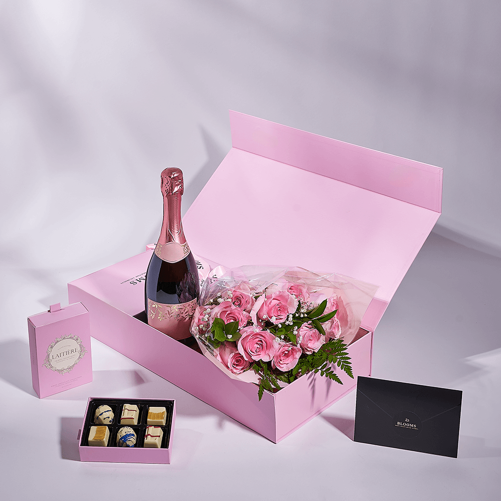 Mother's Day Dozen Pink Rose Bouquet with Box, Champagne, &amp; Chocolate, champagne gift, champagne, sparkling wine gift, sparkling wine, mothers day gift, mothers day, Connecticut delivery