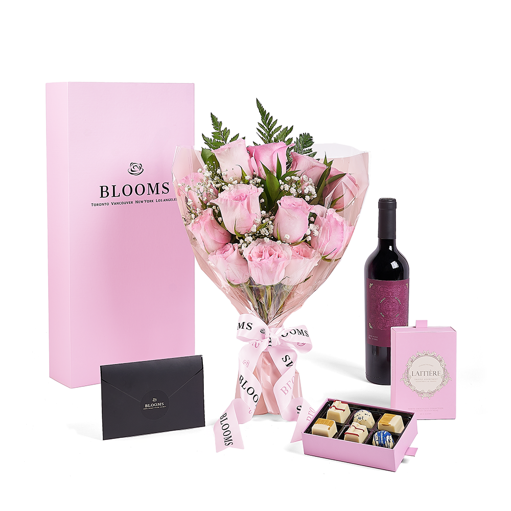 Mother's Day Dozen Pink Rose Bouquet with Box, Wine, &amp; Chocolate, rose gift, rose, mothers day gift, mothers day, wine gift, wine, Connecticut delivery