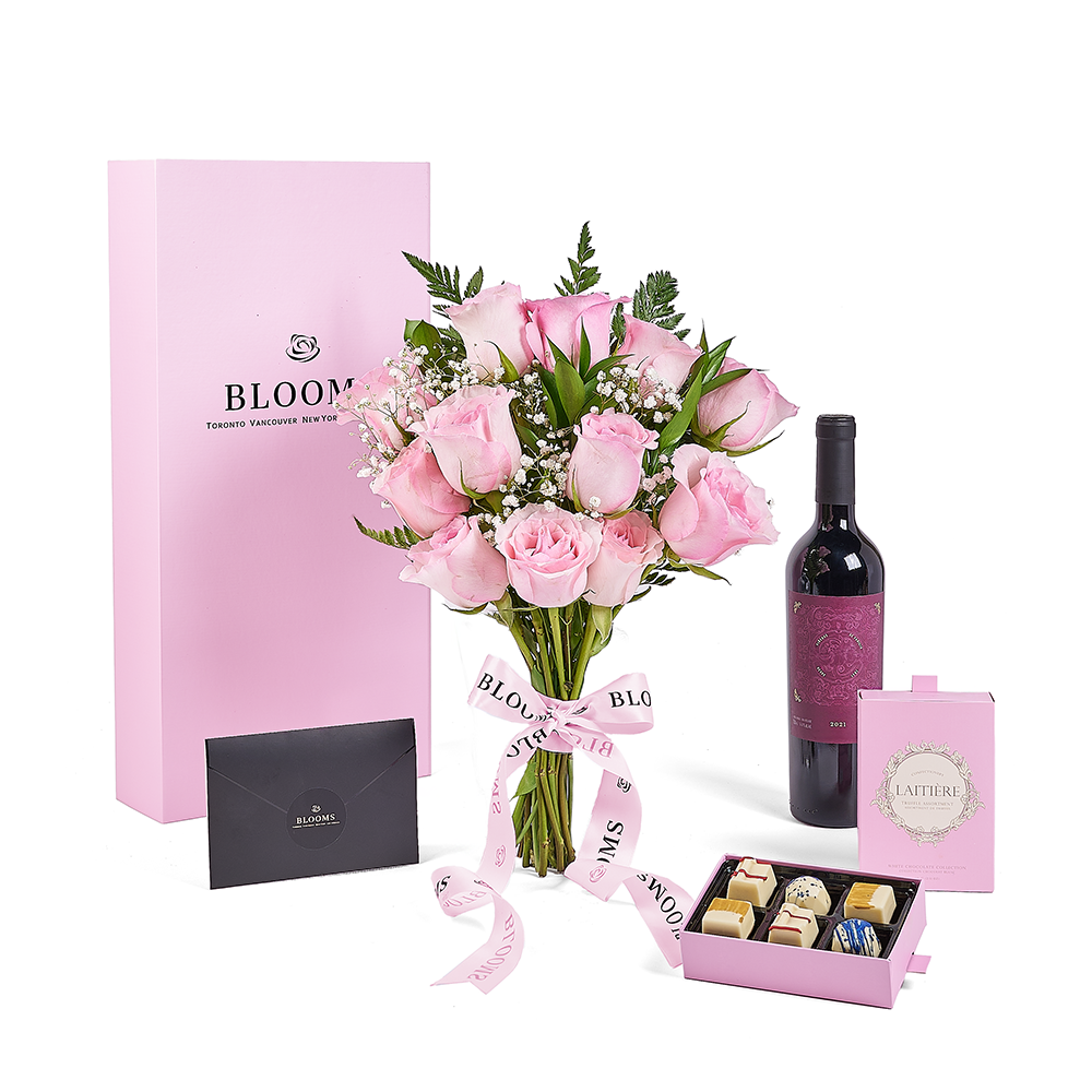 Mother's Day Dozen Pink Rose Bouquet with Box, Wine, &amp; Chocolate, rose gift, rose, mothers day gift, mothers day, wine gift, wine, Connecticut delivery