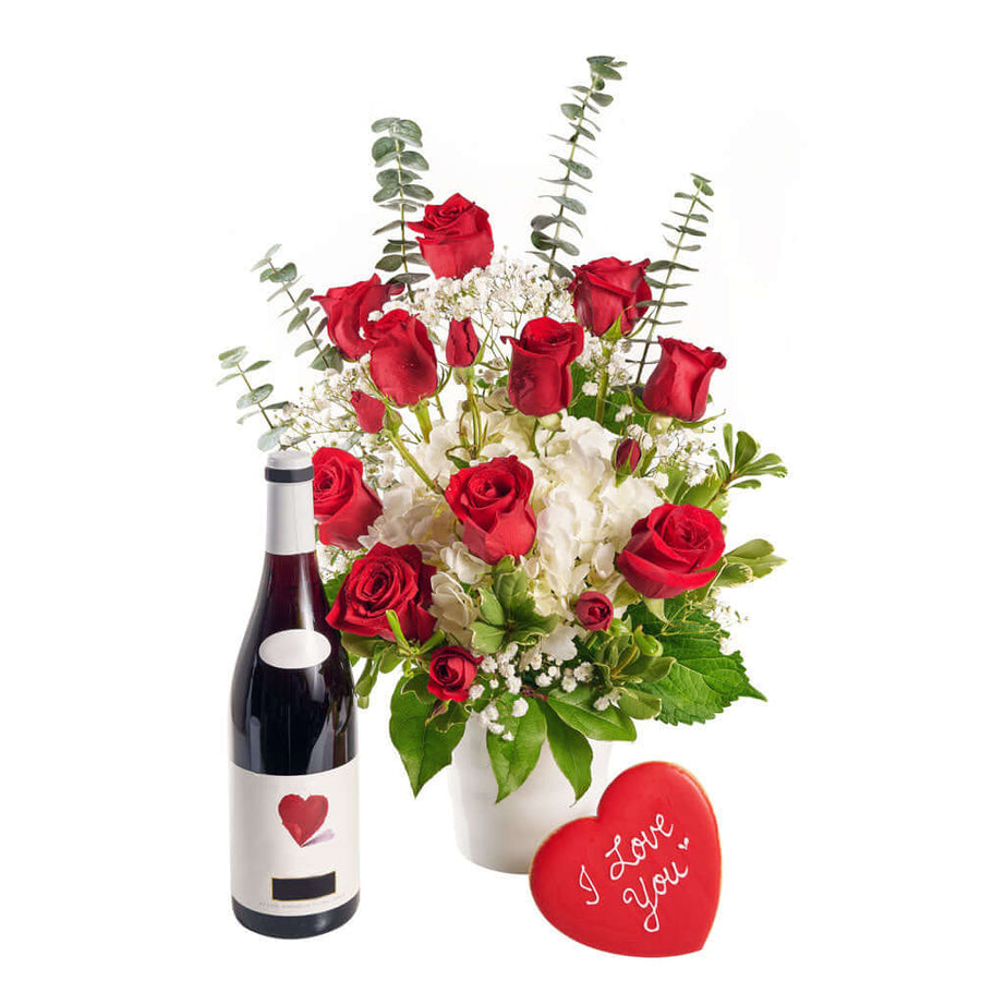 Rose and Hydrangea Vase with Wine - Wine Gift Set - Connecticut Delivery