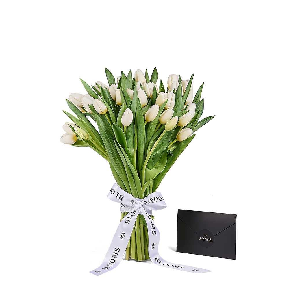 Pure White Tulip Bouquet with Designer Ribbon – how the gift is presented
