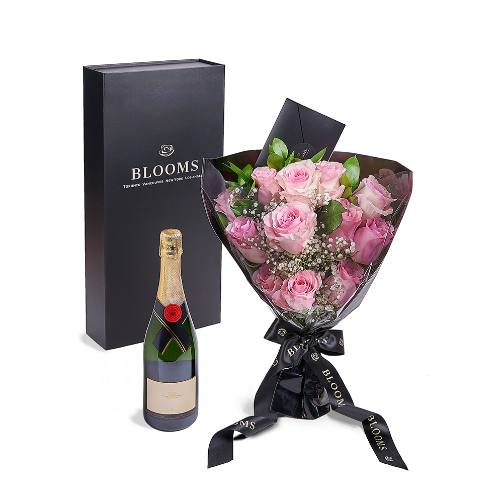 Valentine's Day 12 Stem Pink Rose Bouquet With Box &amp; Champagne, Valentine's Day gifts, Connecticut Flower Delivery
