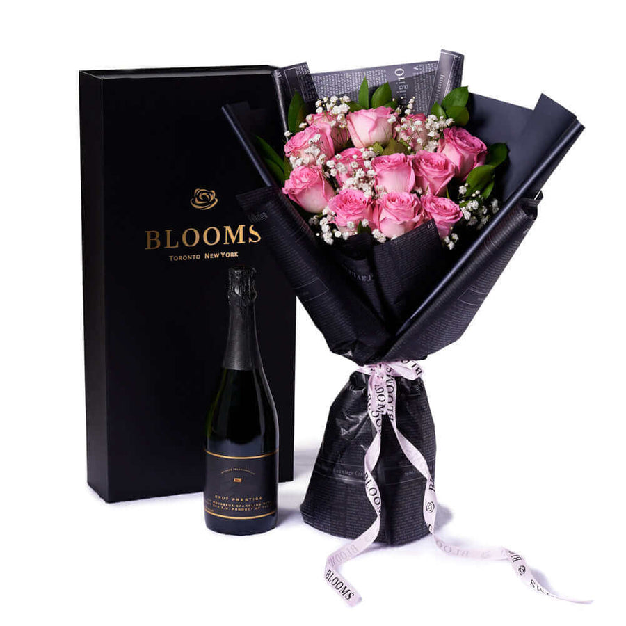 Valentine's Day 12 Stem Pink Rose Bouquet With Box & Champagne, Valentine's Day gifts, Connecticut Flower Delivery