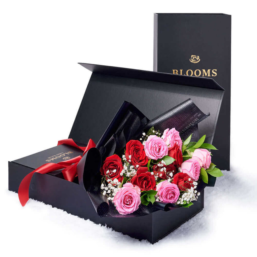 Valentine's Day 12 Stem Pink & Red Rose Bouquet With Designer Box, Connecticut Flower Delivery, Valentine's Day gifts, roses