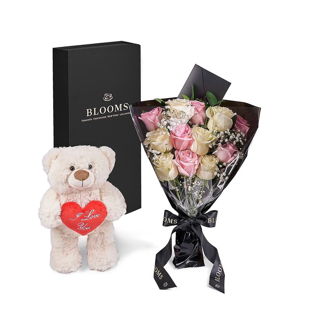 Valentine's Day 12 Stem Pink & White Rose Bouquet With Box & Bear, rose gift, rose, valentines day gift, valentines day, plush gift, plush, bear gift, bear, Connecticut delivery