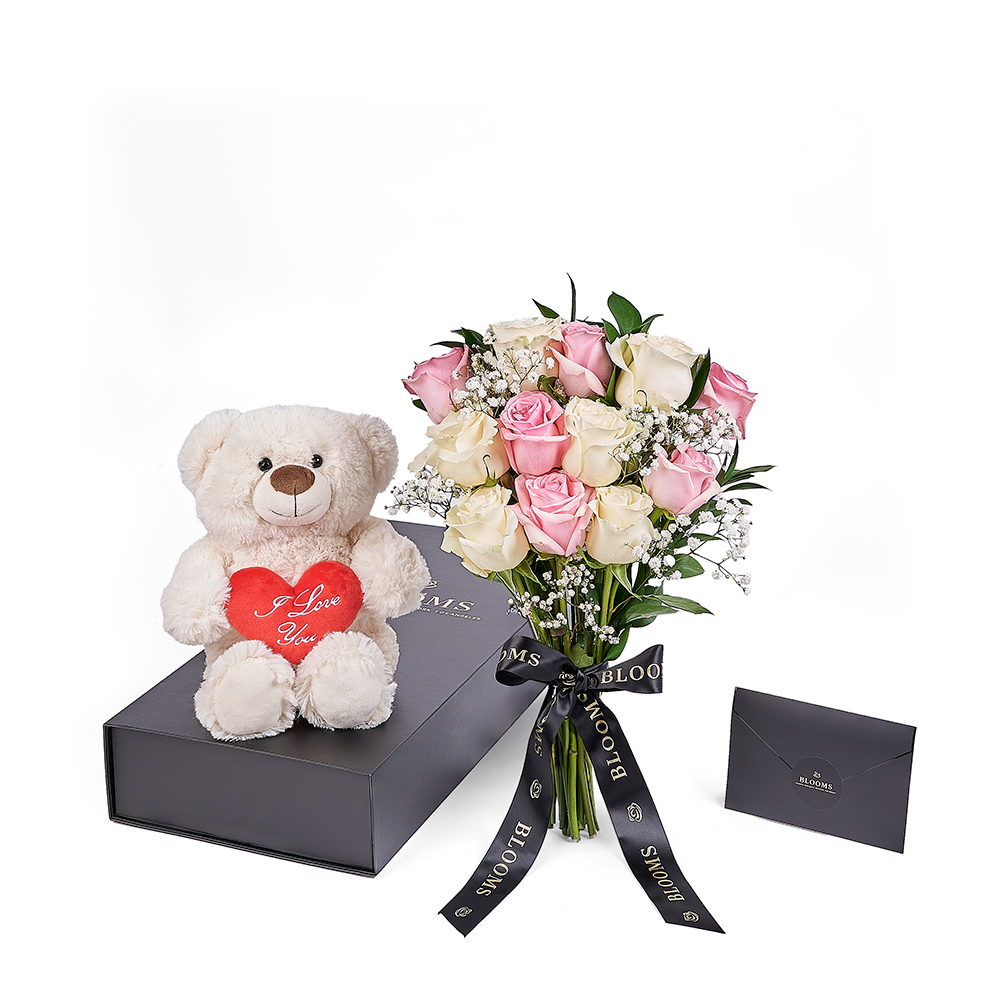 Valentine's Day 12 Stem Pink & White Rose Bouquet With Box & Bear, rose gift, rose, valentines day gift, valentines day, plush gift, plush, bear gift, bear, Connecticut delivery