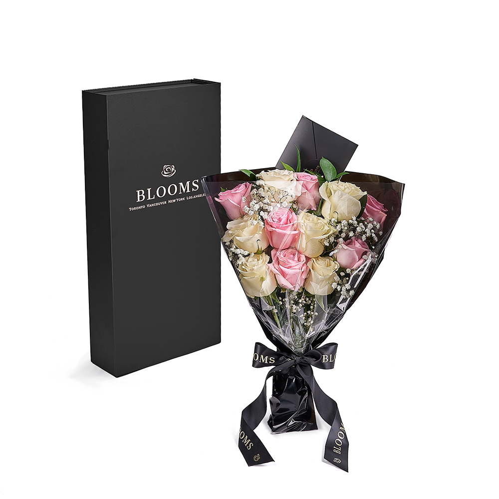 Valentine's Day 12 Stem Pink &amp; White Rose Bouquet &amp; Box, valentines day gift, valentines day, rose gift, rose, Connecticut delivery