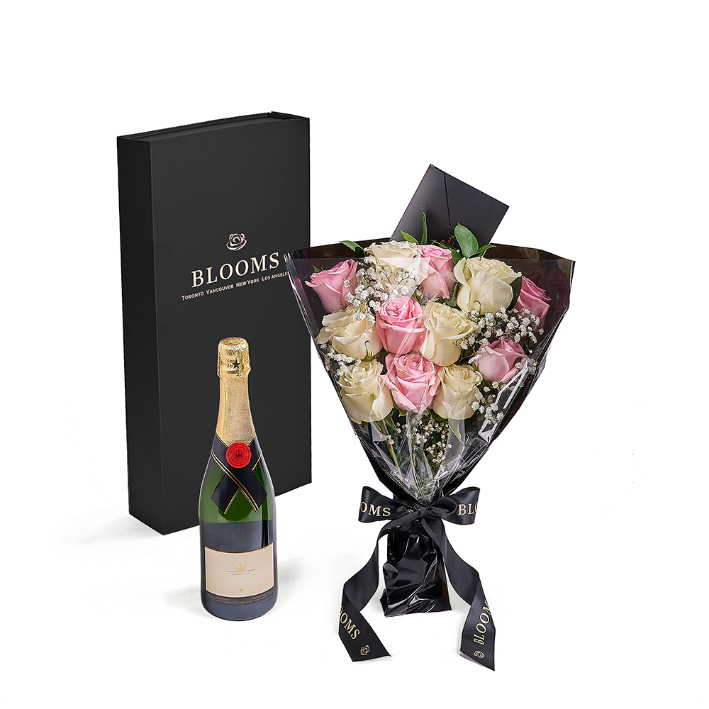 Valentine's Day 12 Stem Pink &amp; White Rose Bouquet with Box &amp; Champagne, valentines day gift, valentines day, rose gift, rose, champagne gift, champagne, Connecticut delivery