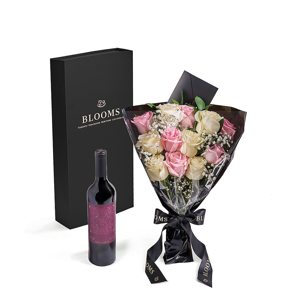 Valentine's Day 12 Stem Pink &amp; White Rose Bouquet with Box &amp; Wine, valentines day gift, valentines day, rose gift, rose, wine gift, wine, Connecticut delivery