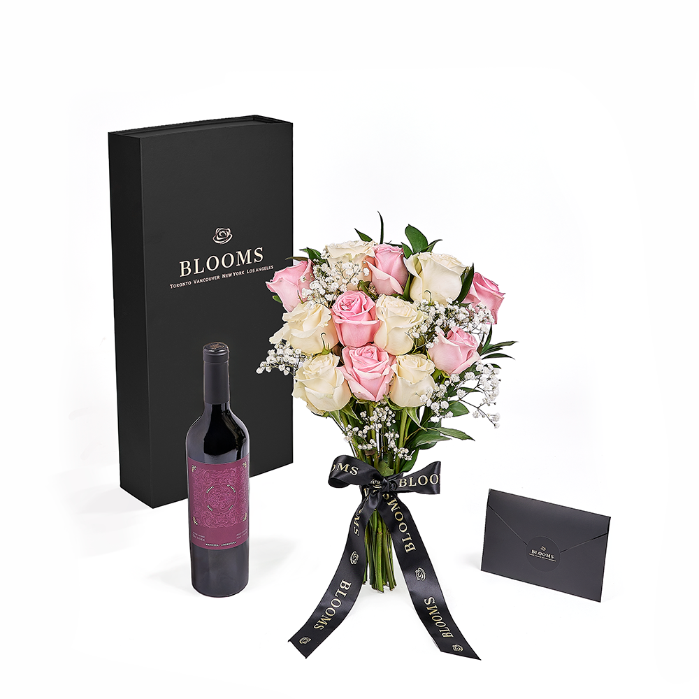 Valentine's Day 12 Pink and White Roses Bouquet in Black Box with Wine Gift – how the gift is presented
