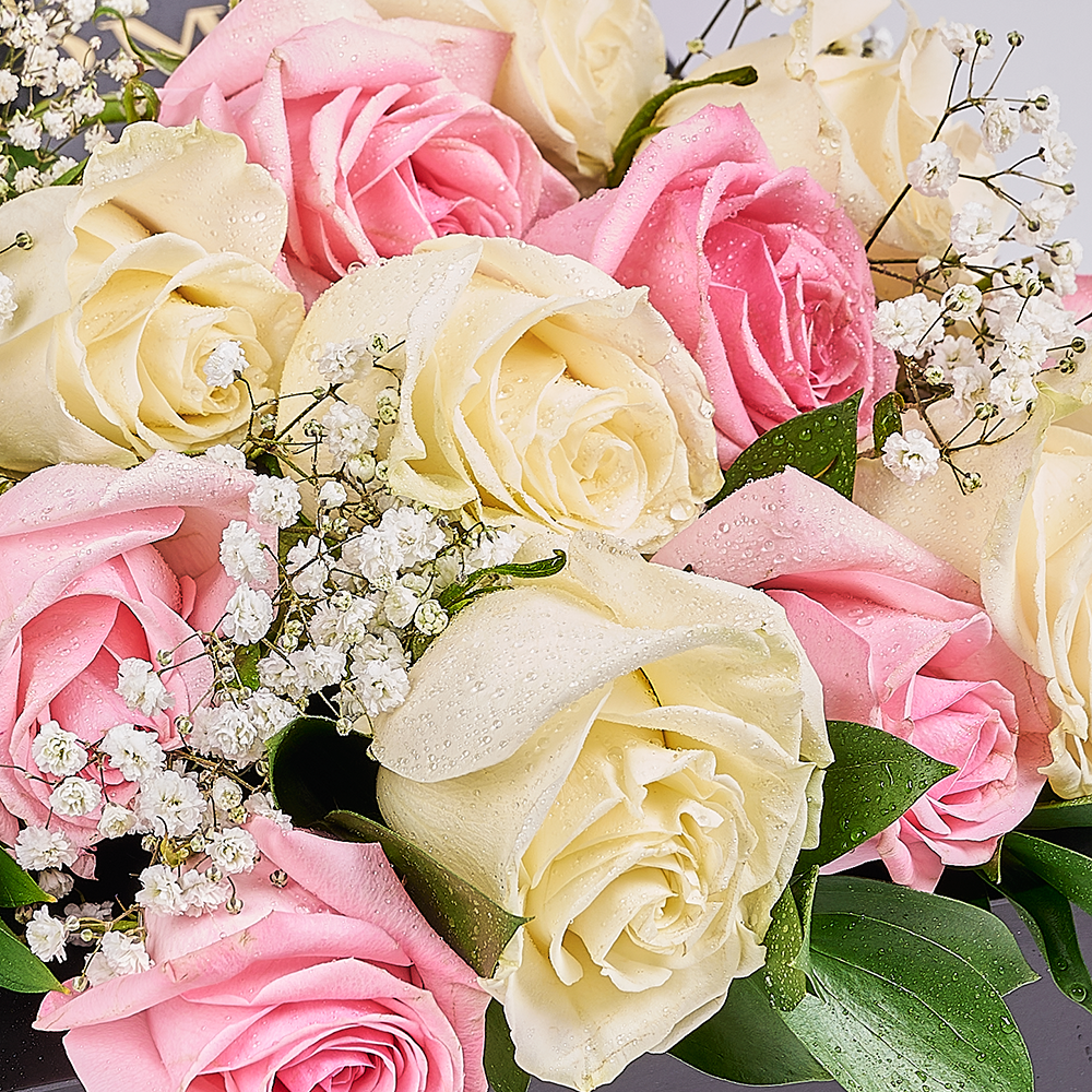 Valentine's Day 12 Stem Pink & White Rose Bouquet with Box & Wine, valentines day gift, valentines day, rose gift, rose, wine gift, wine, Connecticut delivery