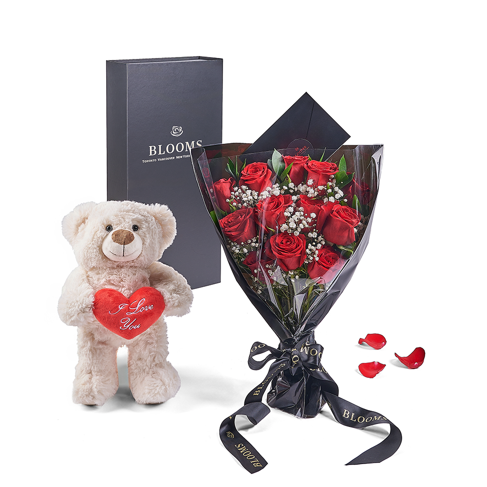 Valentine's Day 12 Stem Red Rose Bouquet With Box &amp; Bear, plush, roses, Valentine's day gifts, Connecticut Flower Delivery