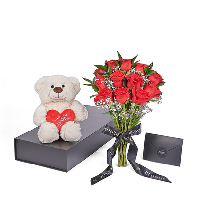 Valentine's Day 12 Stem Red Rose Bouquet With Box & Bear, plush, roses, Valentine's day gifts, Connecticut Flower Delivery