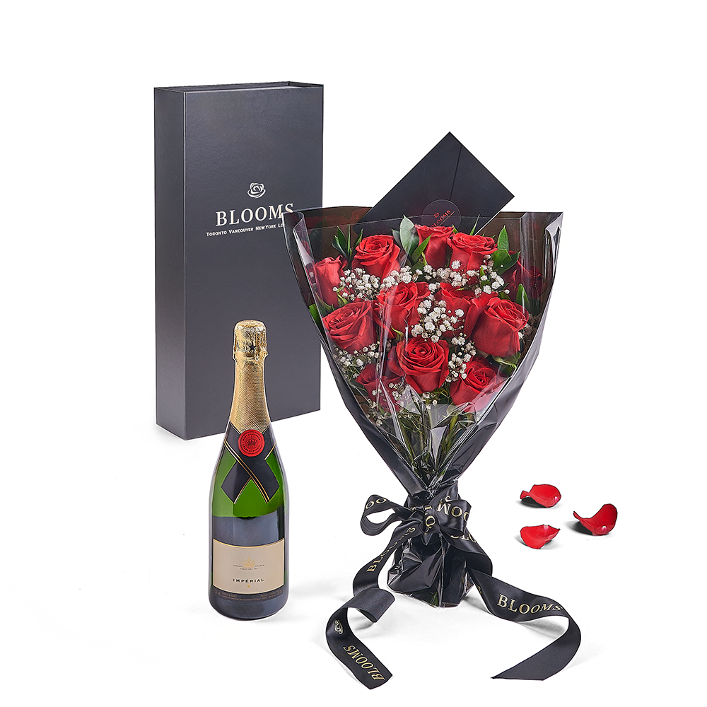 Valentine’s Day 12 Stem Red Rose Bouquet With Box & Champagne, Valentine's day gifts, Connecticut Flower Delivery, sparkling wine