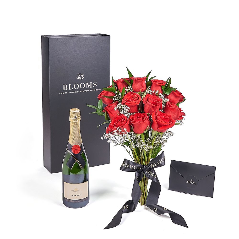Valentine’s Day 12 Stem Red Rose Bouquet With Box & Champagne, Valentine's day gifts, Connecticut Flower Delivery, sparkling wine