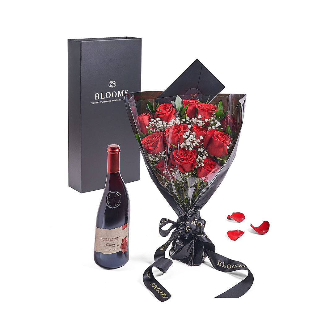 Valentine's Day 12 Stem Red Rose Bouquet With Box &amp; Wine, roses, wine, Valentine's day gifts, Connecticut Flower Delivery