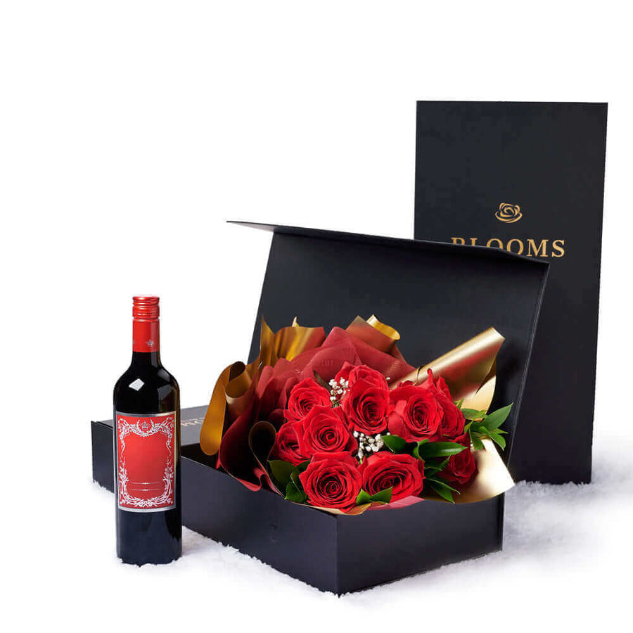 Valentine's Day 12 Stem Red Rose Bouquet With Box & Wine, roses, wine, Valentine's day gifts, Connecticut Flower Delivery