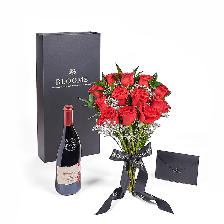 Valentine's Day 12 Stem Red Rose Bouquet With Box & Wine