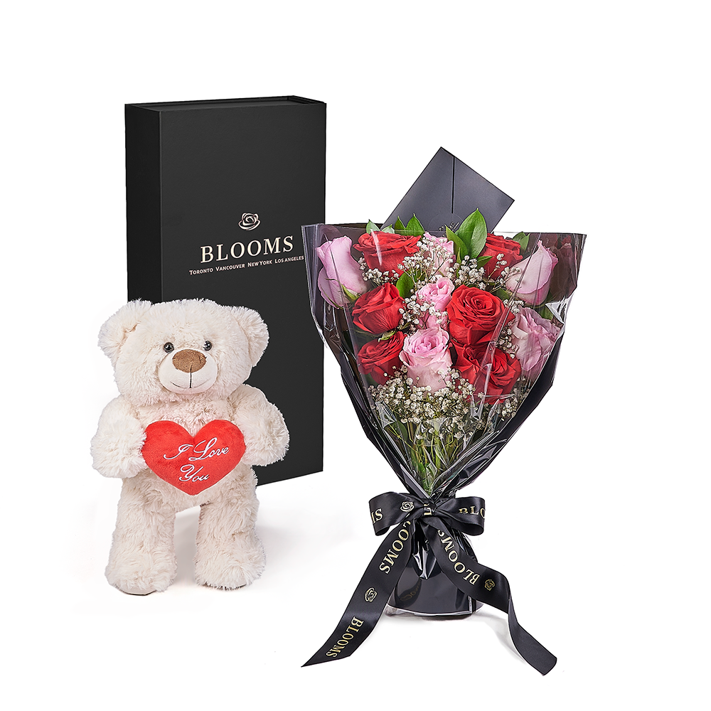 Valentine's Day 12 Stem Red &amp; Pink Rose Bouquet With Box &amp; Bear, Connecticut Flower Delivery, Valentine's Day gifts, roses, plush gifts.