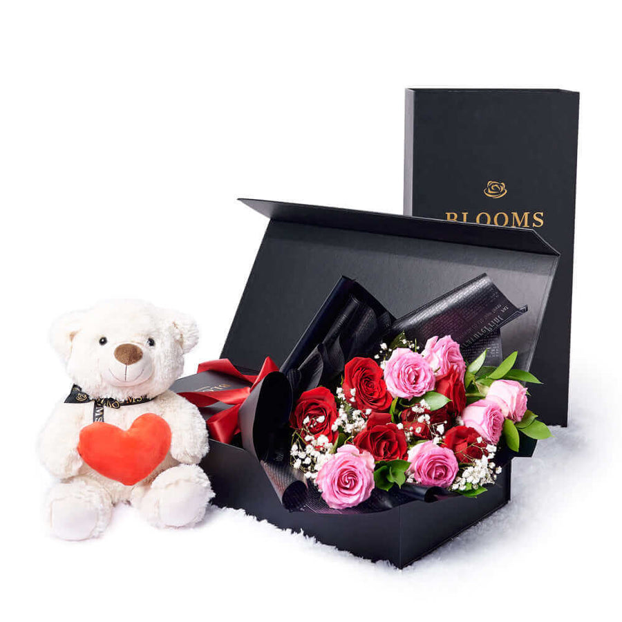 Valentine's Day 12 Stem Red & Pink Rose Bouquet With Box & Bear, Connecticut Flower Delivery, Valentine's Day gifts, roses, plush gifts.