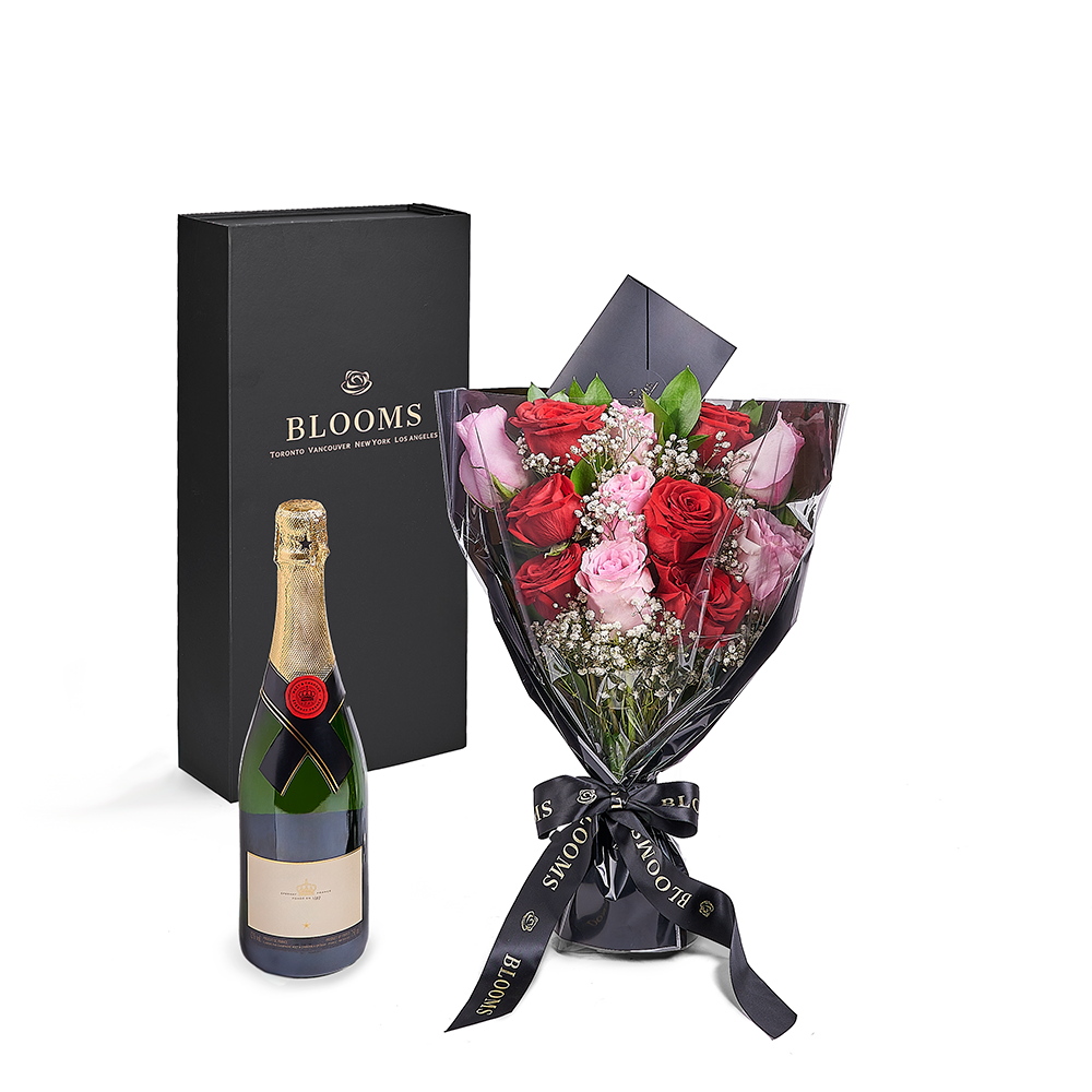 Valentine’s Day 12 Stem Red &amp; Pink Rose Bouquet With Box &amp; Champagne, Connecticut Flower Delivery, Valentine's Day gifts, roses