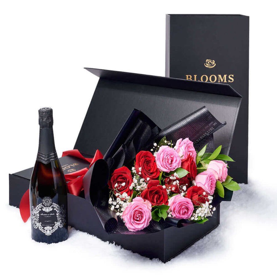 Valentine’s Day 12 Stem Red & Pink Rose Bouquet With Box & Champagne, Connecticut Flower Delivery, Valentine's Day gifts, roses