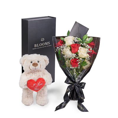 Valentine's Day 12 Stem Red & White Bouquet With Box & Bear, Connecticut Flower Delivery, Valentine's Day gifts, roses, plush gifts.