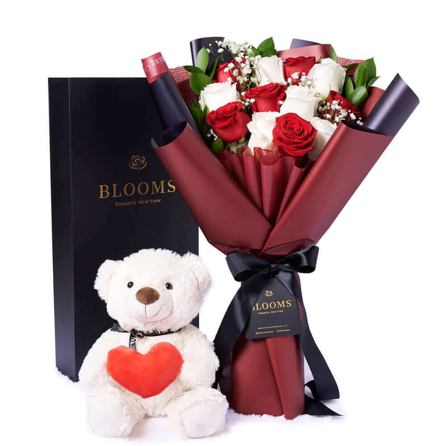 Valentine's Day 12 Stem Red & White Bouquet With Box & Bear, Connecticut Flower Delivery, Valentine's Day gifts, roses, plush gifts.