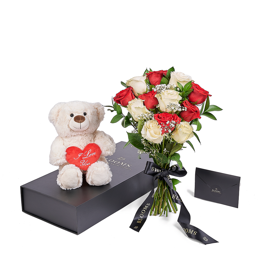 Valentine's Day 12 Stem Red & White Bouquet With Box & Bear, Connecticut Flower Delivery, Valentine's Day gifts, roses, plush gifts.