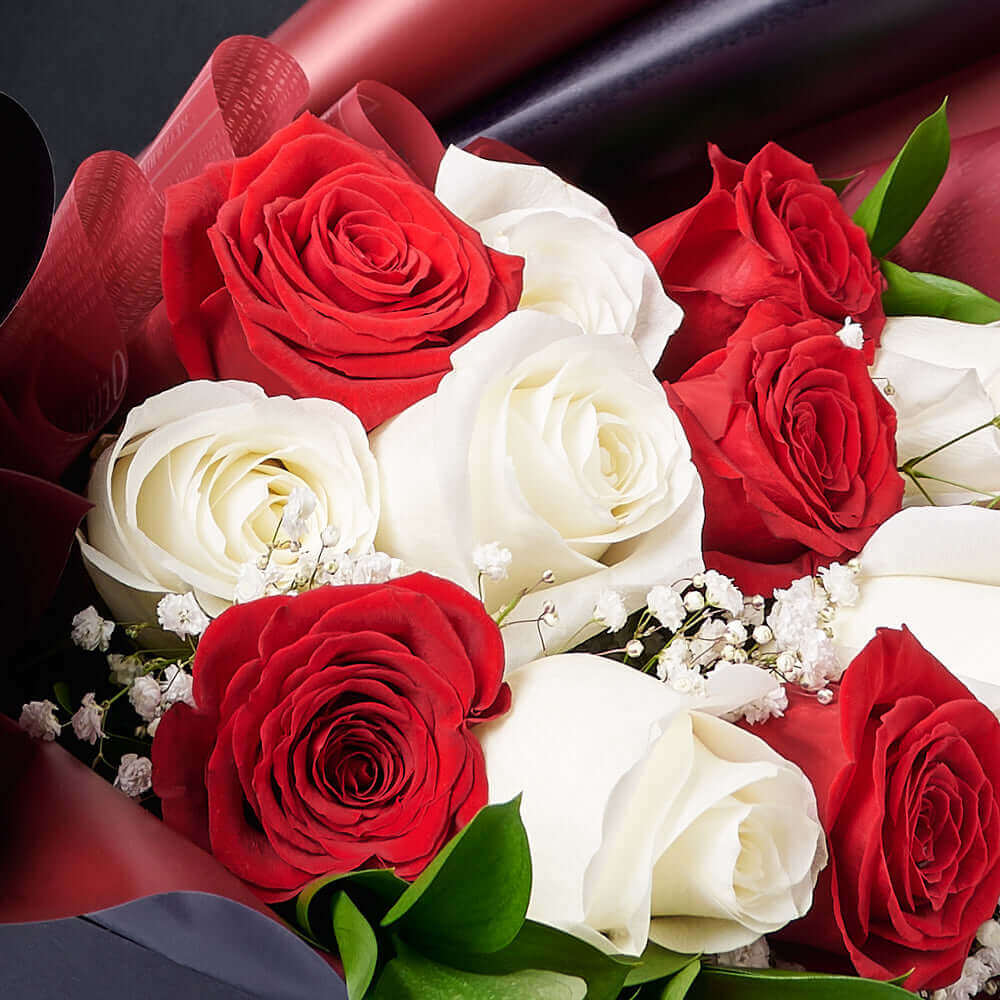 Valentine's Day 12 Stem Red & White Rose Bouquet, Connecticut Flower Delivery, Valentine's Day gifts, roses, plush gifts.