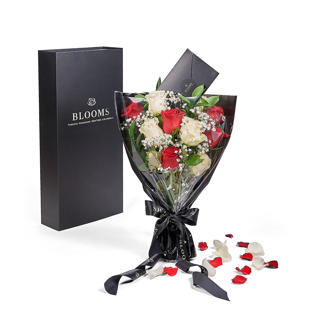 Valentine's Day 12 Stem Red &amp; White Rose Bouquet With Box, Connecticut Flower Delivery, Valentine's Day gifts, roses,