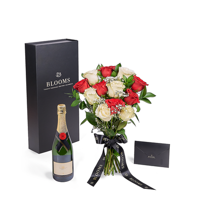 Valentine's Day 12 Stem Red & White Rose Bouquet With Box & Champagne, Valentine's Day gifts, roses, champagne gifts, Connecticut Delivery