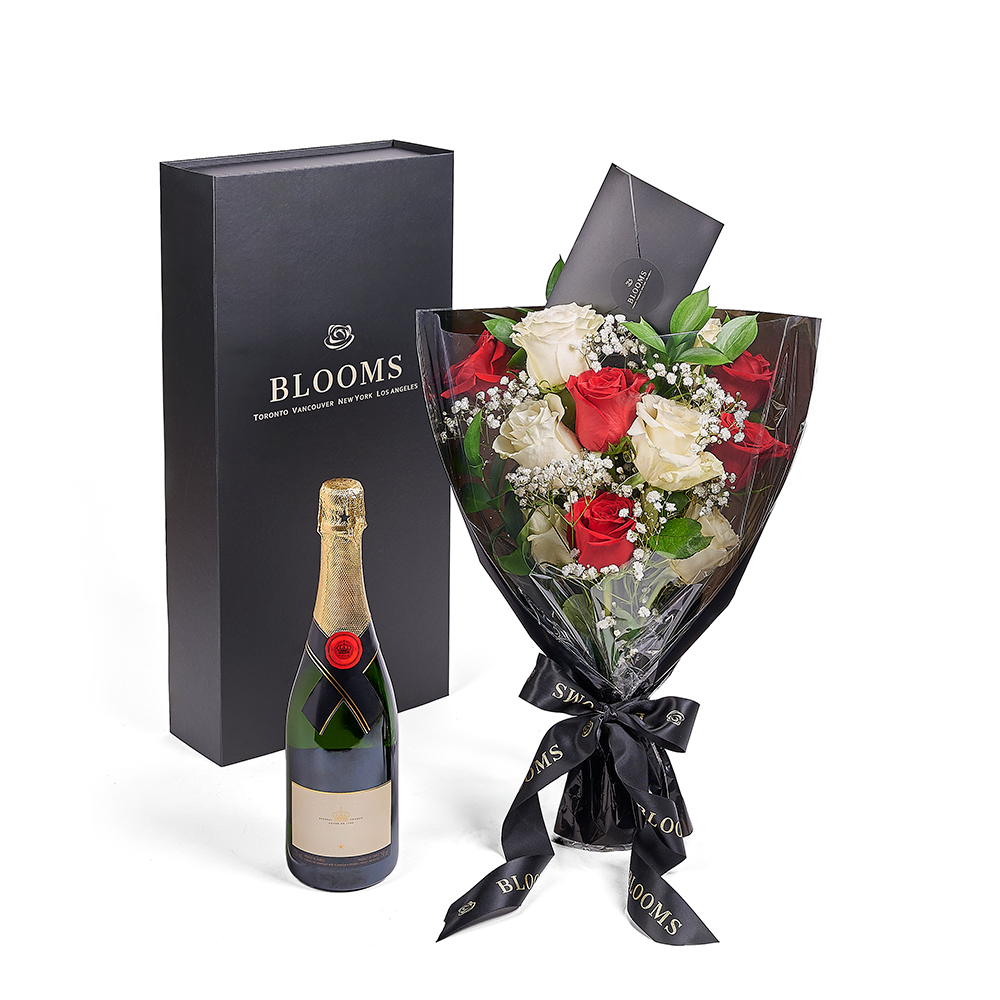 Valentine's Day 12 Stem Red &amp; White Rose Bouquet With Box &amp; Champagne, Valentine's Day gifts, roses, champagne gifts, Connecticut Delivery