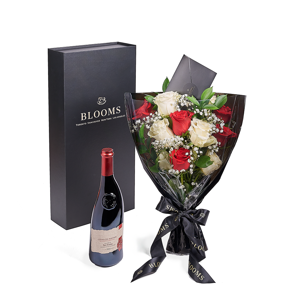 Valentine’s Day 12 Stem Red &amp; White Rose Bouquet With Box &amp; Wine, Valentine's Day gifts, roses, wine gifts, Connecticut Flower Delivery