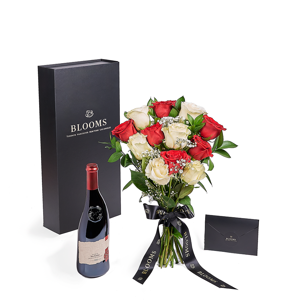 12 Red and White Roses Bouquet with Wine in Sleek Black Box for Valentine's Day – how the gift is presented
