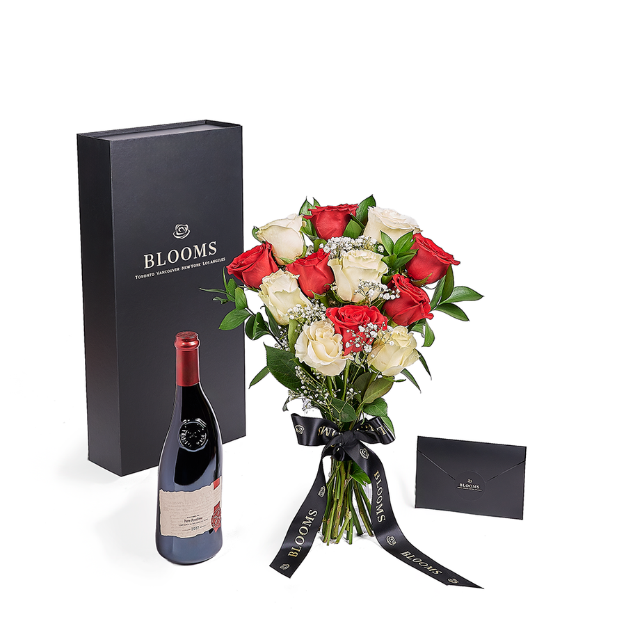 Valentine’s Day 12 Stem Red & White Rose Bouquet With Box & Wine