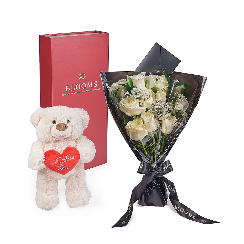 Valentine’s Day 12 Stem White Rose Bouquet With Box &amp; Bear, Valentine's Day gifts, plush gifts, roses gifts, Connecticut Flower Delivery