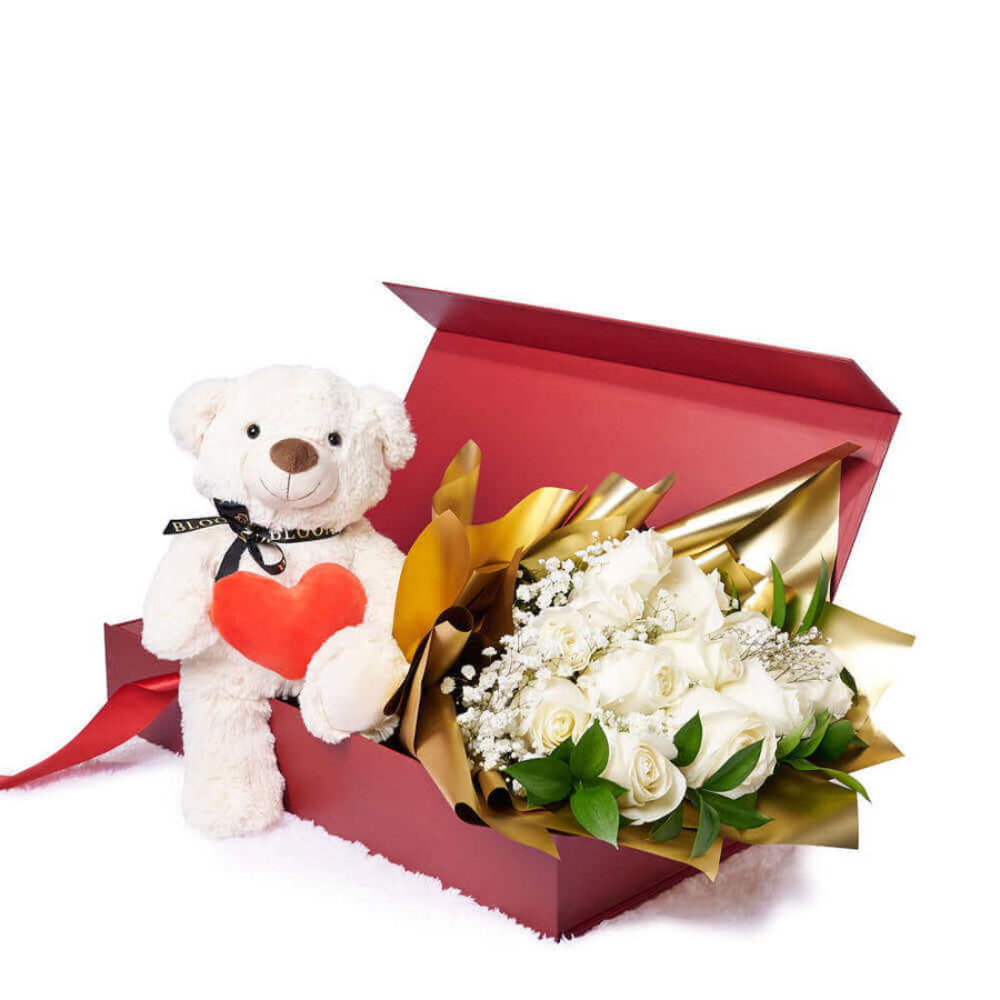 Valentine’s Day 12 Stem White Rose Bouquet With Box & Bear, Valentine's Day gifts, plush gifts, roses gifts, Connecticut Flower Delivery