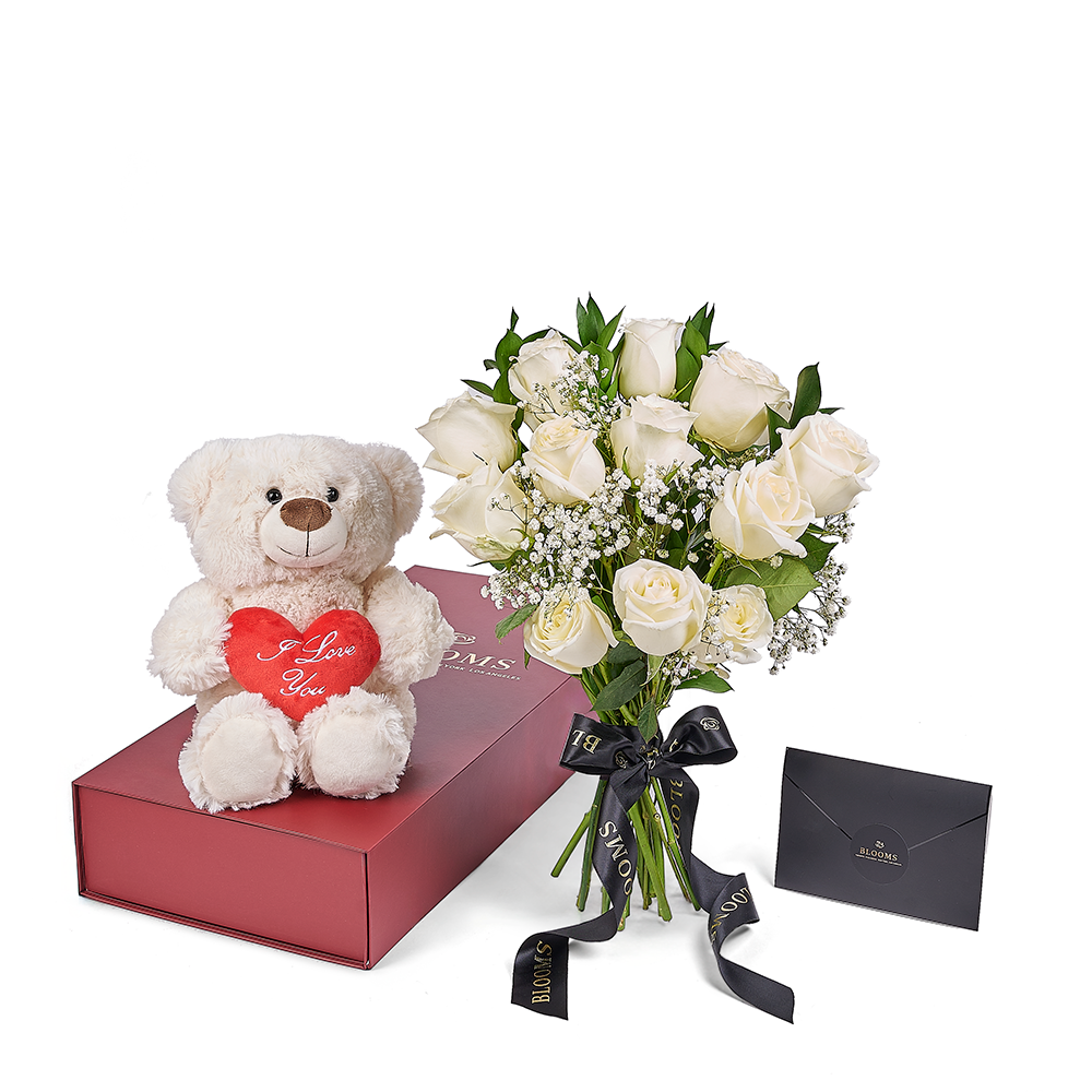 Valentine’s Day 12 Stem White Rose Bouquet With Box & Bear, Valentine's Day gifts, plush gifts, roses gifts, Connecticut Flower Delivery