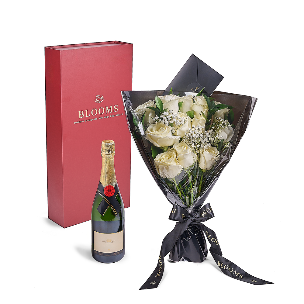 Valentine’s Day 12 Stem White Rose Bouquet With Box &amp; Champagne, Valentine's Day gifts, Connecticut Flower Delivery, roses, champagne gifts