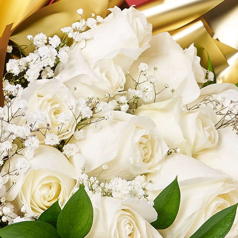 Valentine’s Day 12 Stem White Rose Bouquet With Box & Champagne, Valentine's Day gifts, Connecticut Flower Delivery, roses, champagne gifts