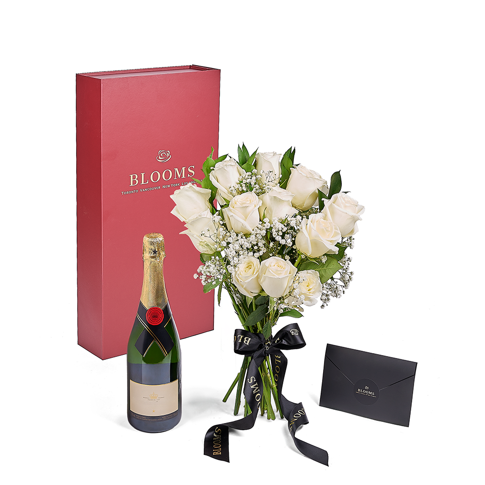 Valentine’s Day 12 Stem White Rose Bouquet With Box & Champagne, Valentine's Day gifts, Connecticut Flower Delivery, roses, champagne gifts